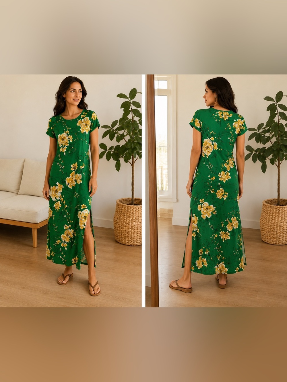 G.I.L.I. Green Yellow Floral Maxi Dress Side Slit Lined Stretch Size Small